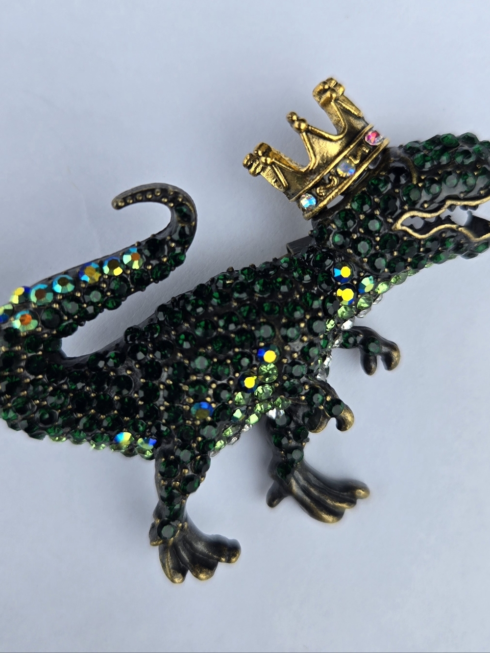 Crowned Green Crystal T-Rex Brooch - Decorative Pin. - Picture 2 of 6